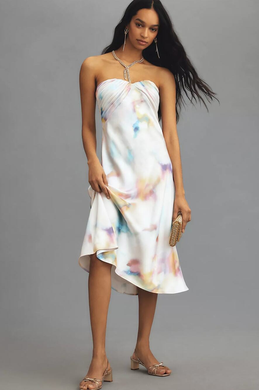 ML Monique Lhuillier  Anthropologie BHLDN Annika Strapless Satin Midi Dress 14